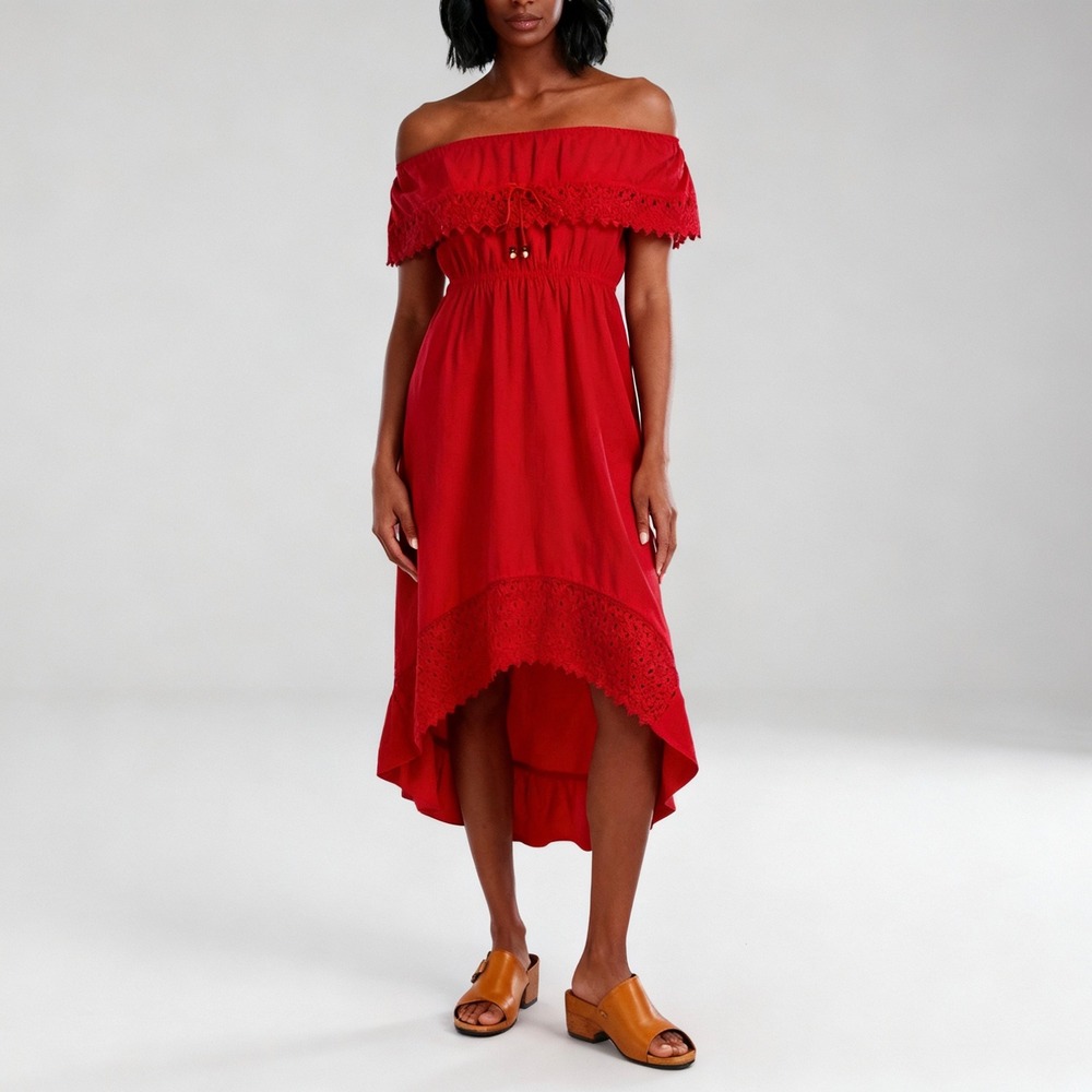 Seaspice Resort Wear Olivia High Low Midi Dress Red Peruvian Cotton size Medium